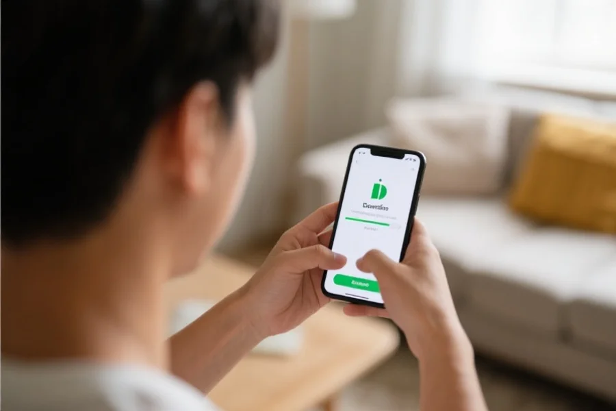 一个用户正在查看手机屏幕，聚焦于下载应用的进度条，背景为舒适的居家环境