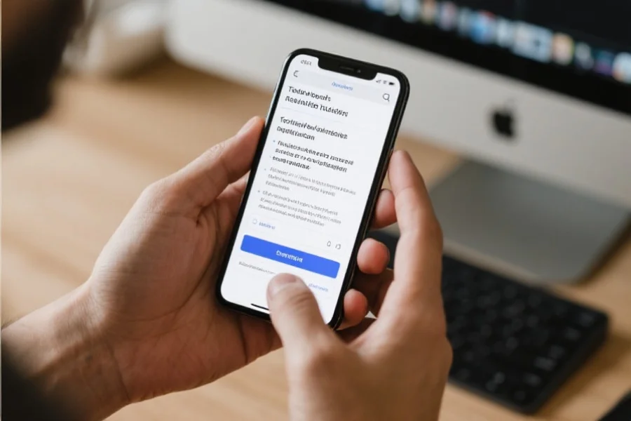 一张桌面视角，用户正用智能手机搜索解决网络访问问题的教程，屏幕上显示技术指导内容