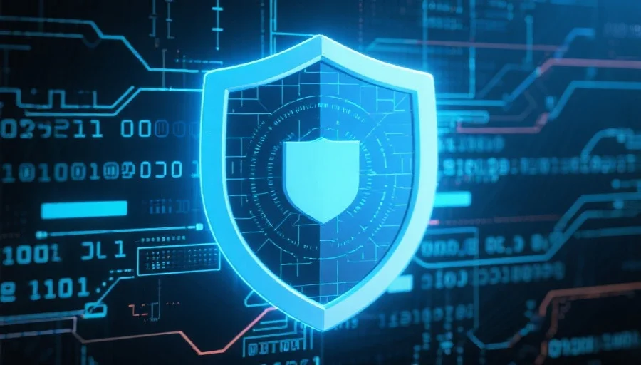 抽象风格的数码安全盾牌与加密代码背景，象征用户数据安全和隐私保护